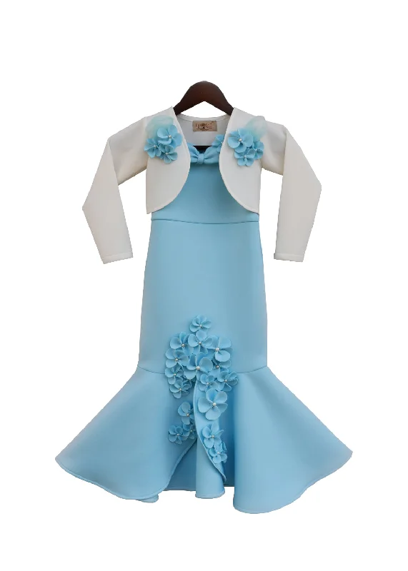 Girls Blue Neoprene Fish Cut Dress With Jacket V-Neck Jacket Boat Neck Jacket Square Neck Jacket Girls Blue Neoprene Fish Cut Dress With Jacket V-Neck Jacket Boat Neck Jacket Square Neck Jacket