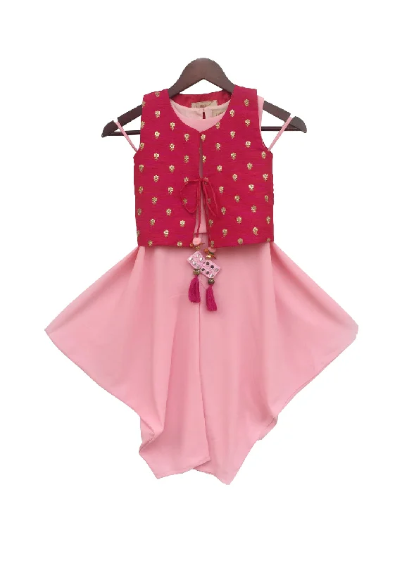 Girls Pink Top And Dhoti With Hot Pink Jacket Boat Neck Shawl Collar Notched Collar Girls Pink Top And Dhoti With Hot Pink Jacket Boat Neck Shawl Collar Notched Collar