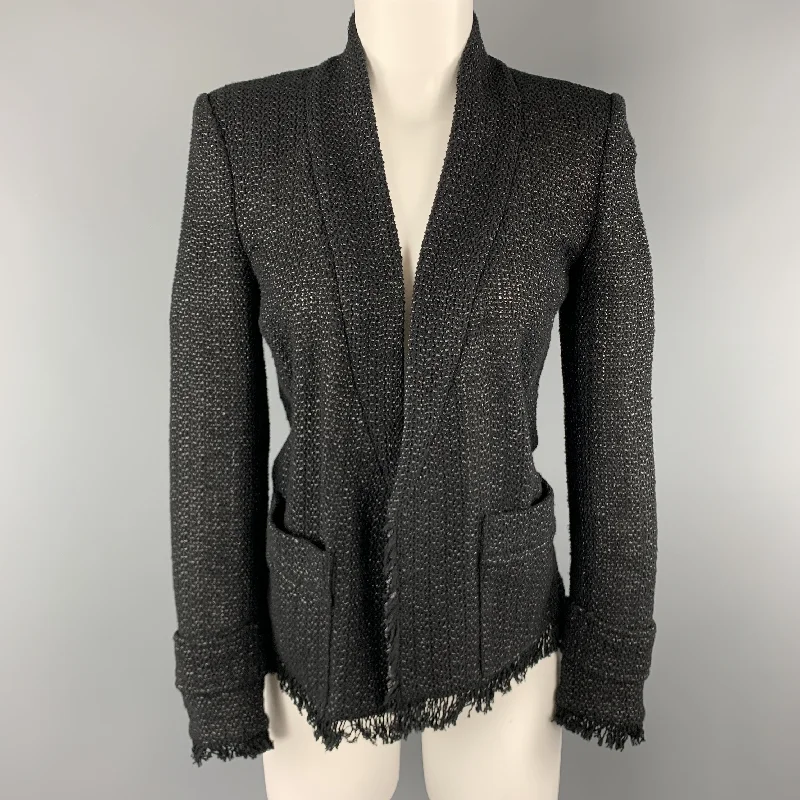 ISABEL MARANT Size 4 Black Tweed Open Front Fringe Jacket Stand-Up Collar Roll-Neck Collar Turtle Neck ISABEL MARANT Size 4 Black Tweed Open Front Fringe Jacket Stand-Up Collar Roll-Neck Collar Turtle Neck