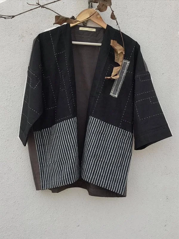 Stripes Kimono Jacket Black A-Line Jacket Boat Neck Shawl Collar
