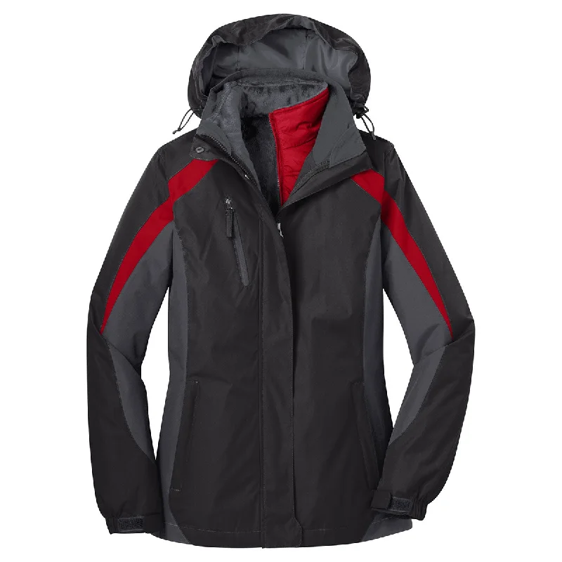 Port Authority Women's Black/Magnet Grey/Signal Red Colorblock 3-in-1 Jacket Cotton Jacket Linen Jacket Terry Jacket Port Authority Women's Black/Magnet Grey/Signal Red Colorblock 3-in-1 Jacket Cotton Jacket Linen Jacket Terry Jacket