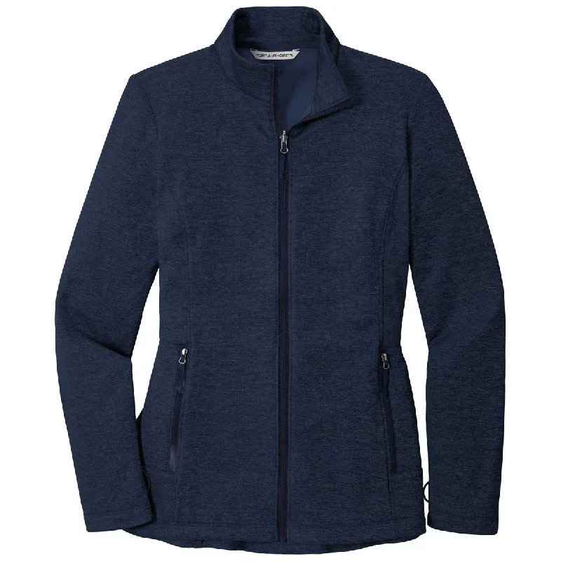 Port Authority Women's River Blue Navy Heather Collective Striated Fleece Jacket Zippered Front Buttoned Front Snap Front Port Authority Women's River Blue Navy Heather Collective Striated Fleece Jacket Zippered Front Buttoned Front Snap Front