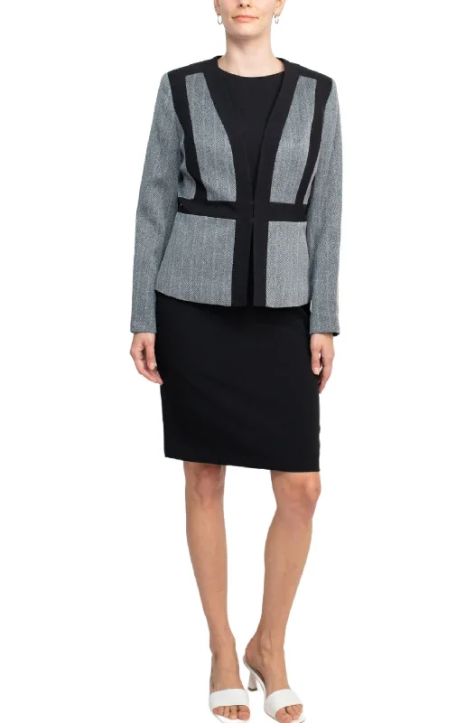 Le Suit Boat Neck Sleeveless Solid Zipper Back Short Crepe Dress with Melange Herringbone Framed Cardi Jacket (Two Piece) Nylon Fabric Polyester Fabric Spandex Fabric Le Suit Boat Neck Sleeveless Solid Zipper Back Short Crepe Dress with Melange Herringbone Framed Cardi Jacket (Two Piece) Nylon Fabric Polyester Fabric Spandex Fabric