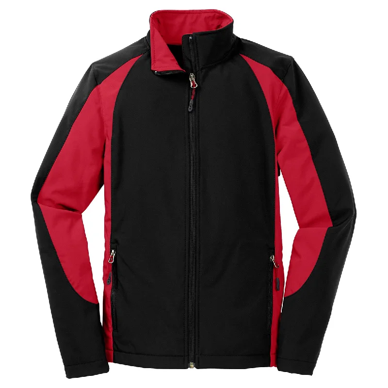 Sport-Tek Women's Black/True Red Colorblock Soft Shell Jacket Rayon Fabric Velvet Fabric Corduroy Fabric Sport-Tek Women's Black/True Red Colorblock Soft Shell Jacket Rayon Fabric Velvet Fabric Corduroy Fabric