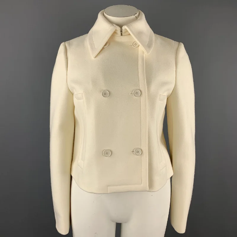 MICHAEL KORS Size 12 Cream Virgin Wool Double Breasted Jacket Ribbed Jacket Pleated Jacket Ruffled Jacket MICHAEL KORS Size 12 Cream Virgin Wool Double Breasted Jacket Ribbed Jacket Pleated Jacket Ruffled Jacket
