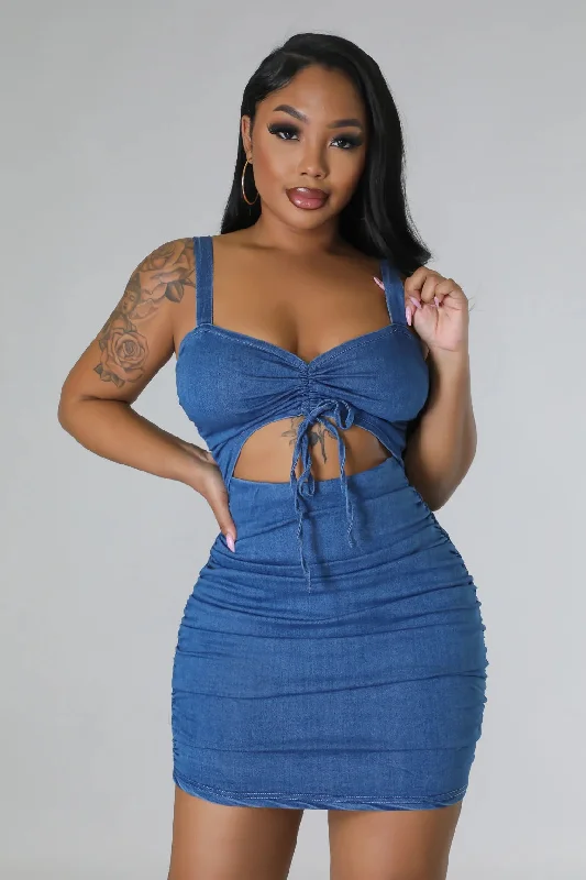 Addison Cutout Mini Dress Medium Denim Comfortable Fit-and-Flare Mini Dress