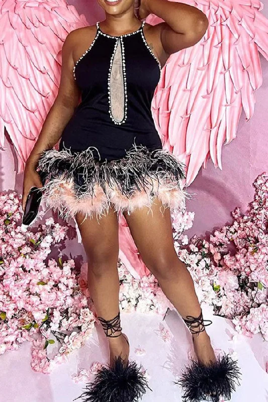 storexq Beaded Decor Mesh Patchwork Dramatic Feather Hem Mini Dress Trendy Lace Mini Dress storexq Beaded Decor Mesh Patchwork Dramatic Feather Hem Mini Dress Trendy Lace Mini Dress