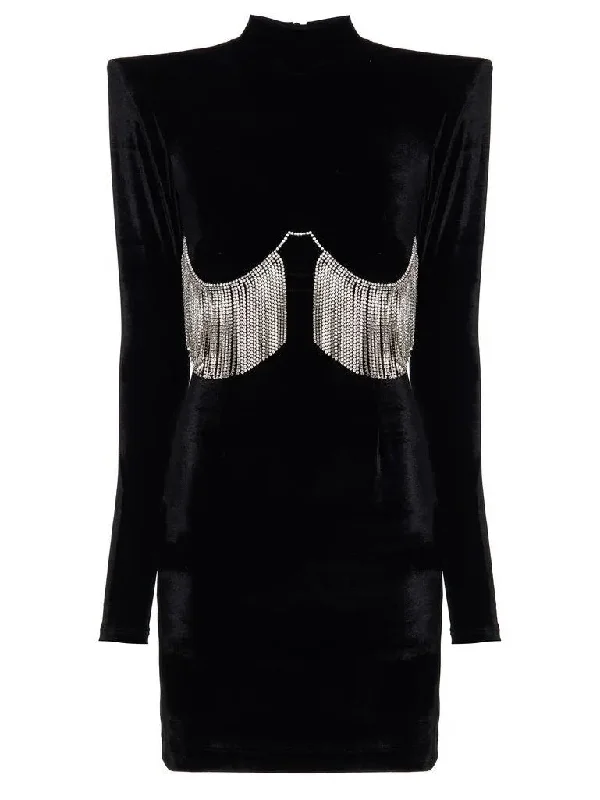 Black Velvet Crystal-Embellished Mini Dress Cozy Satin Mini Dress