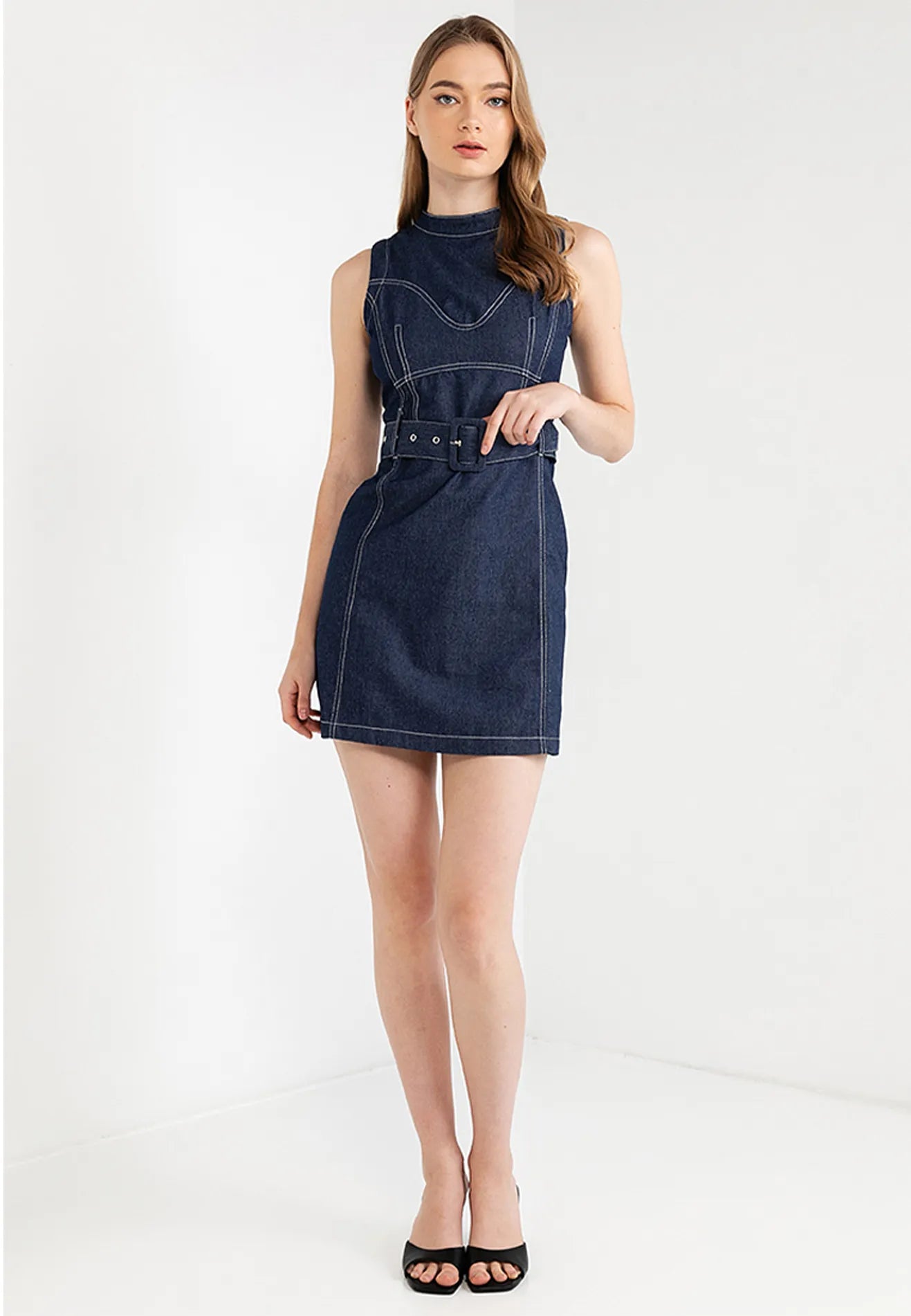 Denim Slim Fit Belted Mini Dress Fashionable A-Line Mini Dress