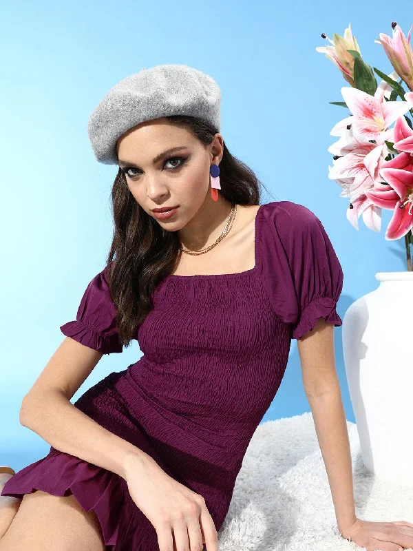 Berrylush Women Solid Purple Square Neck Smocked Bodycon Mini Dress Elegant Velvet Mini Dress Berrylush Women Solid Purple Square Neck Smocked Bodycon Mini Dress Elegant Velvet Mini Dress