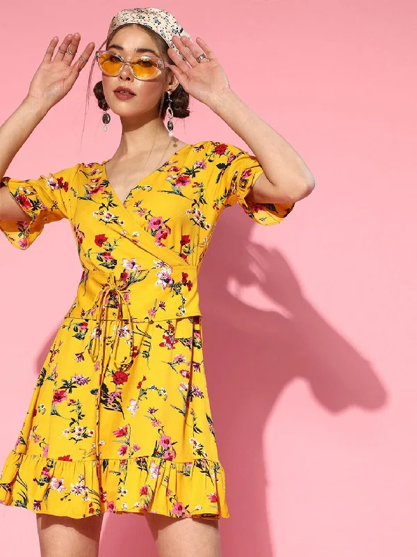 Berrylush Women Yellow Floral Printed V-Neck Flounce Fit & Flare Mini Dress Elegant Vintage Mini Dress Berrylush Women Yellow Floral Printed V-Neck Flounce Fit & Flare Mini Dress Elegant Vintage Mini Dress