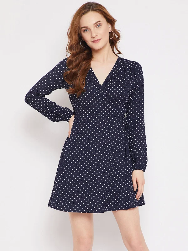 Berrylush Women Navy Blue Polka Dot Printed V-Neck Waist Tie-Up Fit & Flare Wrap Mini Dress Classic White Mini Dress Berrylush Women Navy Blue Polka Dot Printed V-Neck Waist Tie-Up Fit & Flare Wrap Mini Dress Classic White Mini Dress