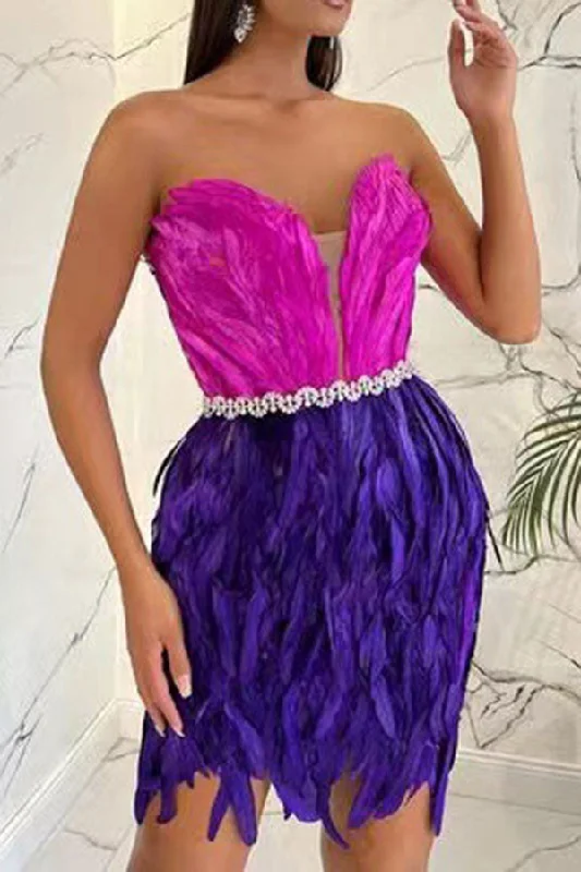 storexq Hit Color Boho Fluffy Bandeau Mini Dress Comfortable One-Shoulder Mini Dress storexq Hit Color Boho Fluffy Bandeau Mini Dress Comfortable One-Shoulder Mini Dress