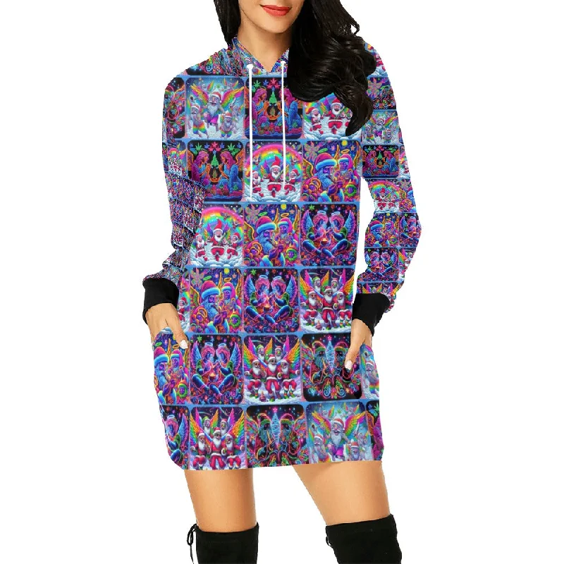 “Psychedelic Toking Christmas Angels” Women’s Hoodie Mini Dress – Sizes XS – 2XL Elegant Lace-Up Mini Dress “Psychedelic Toking Christmas Angels” Women’s Hoodie Mini Dress – Sizes XS – 2XL Elegant Lace-Up Mini Dress