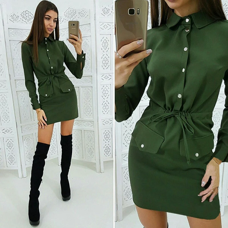 Women Casual Sashes Button Sheath Dress Turn Down Collar Long Sleeve Solid Dress 2019 Autumn Fashion Vintage Elegant Mini Dress Casual Mini Dress with Pockets Women Casual Sashes Button Sheath Dress Turn Down Collar Long Sleeve Solid Dress 2019 Autumn Fashion Vintage Elegant Mini Dress Casual Mini Dress with Pockets