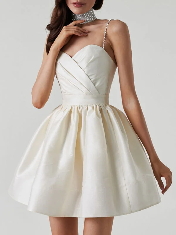 Blue Zone Planet |  Pleated spaghetti strap rhinestone white mini dress Comfortable Wrap Mini Dress