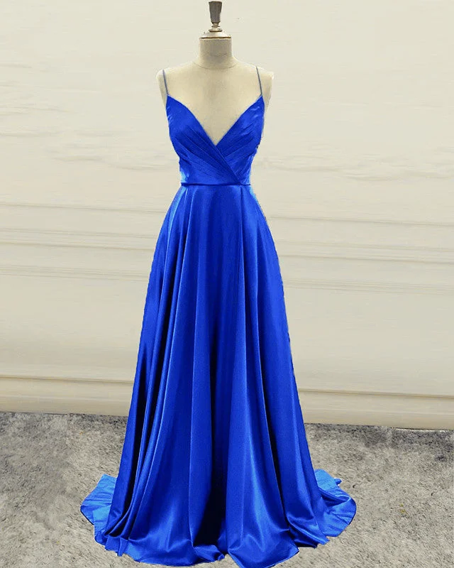 A-line V Neck Prom Long Dresses Satin Split