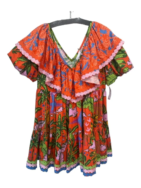Alden Adair Size S Orange & Green Cotton V Neck & Back Abstract Cap Sleeve Dress