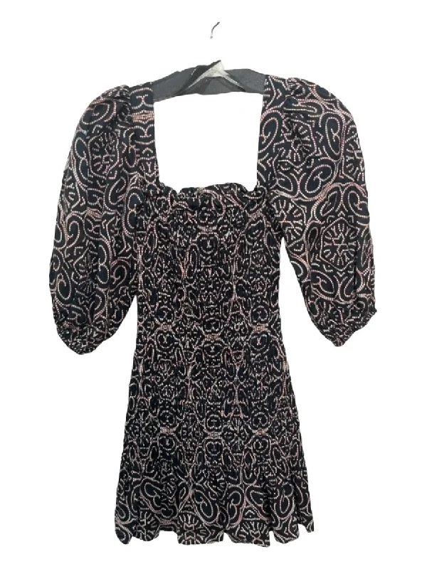 Alexis Size S Black Red White Linen Square Neck 1/2 Puff Sleeve Smocked Dress