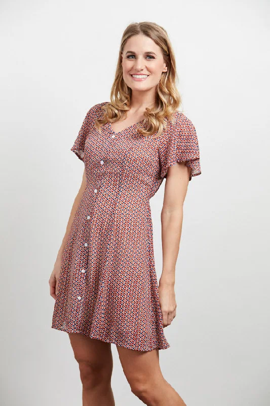 All Over Print V-Neckline Red Dress