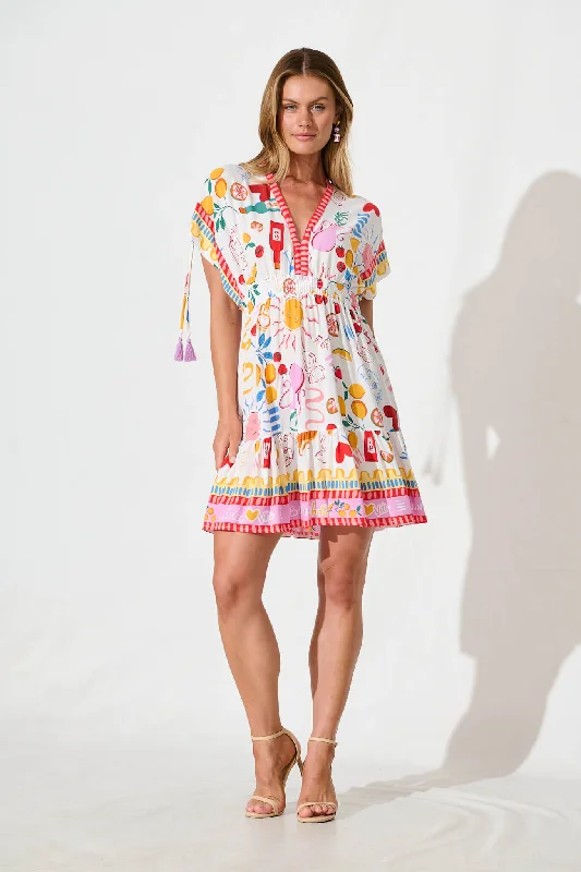 Alsbury Dress in White with Multi Summer Boho Print