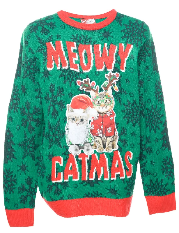 Animal Print Christmas Jumper - L Cable Knit Ribbed Knit Lace Knit