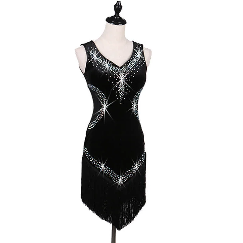 Jewelled Asymmetric Latin Dress with Tassels