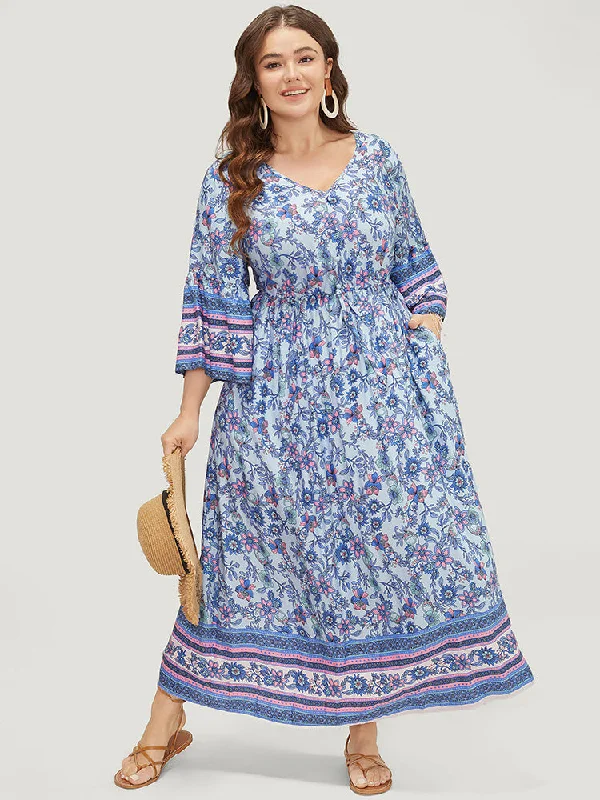 Bandana Flounce Sleeve Knot Button Detail Ruffle Hem Dress