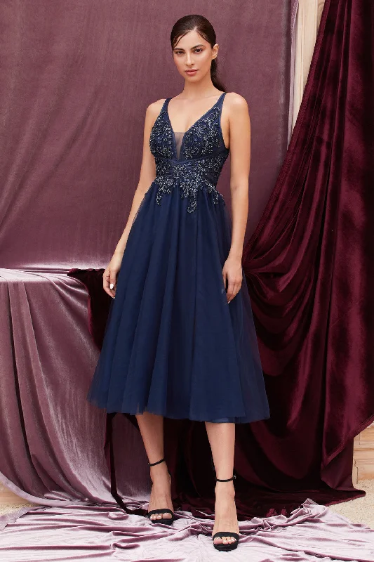 Beaded Plunging V Neck Tea Length Dress By Andrea And Leo -A0762S
