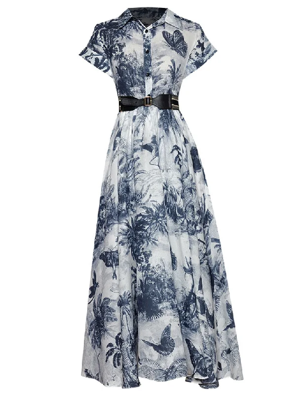 Blue Butterfly Print 1950S Vintage Dress With Belt