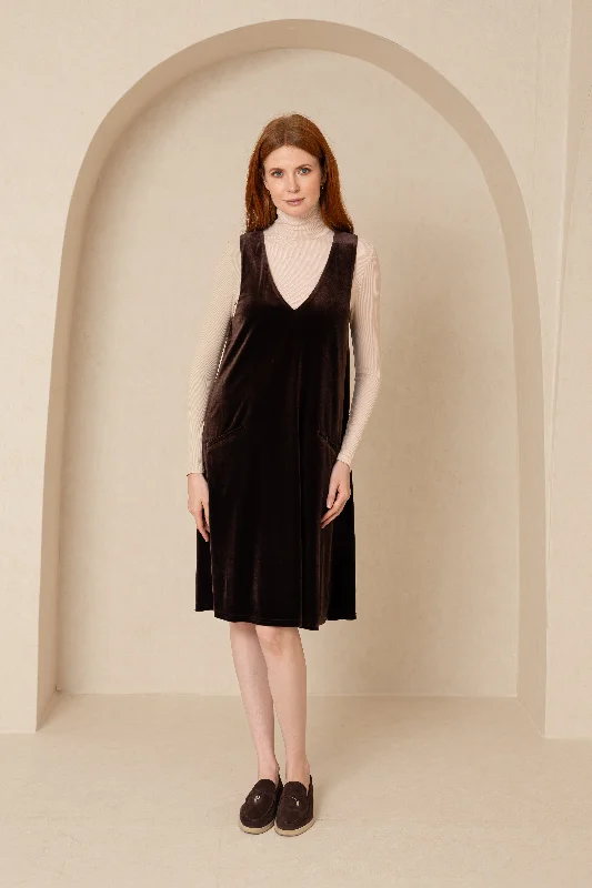 Brown Velour V-Neck Jumper Fitted Slim Tailored