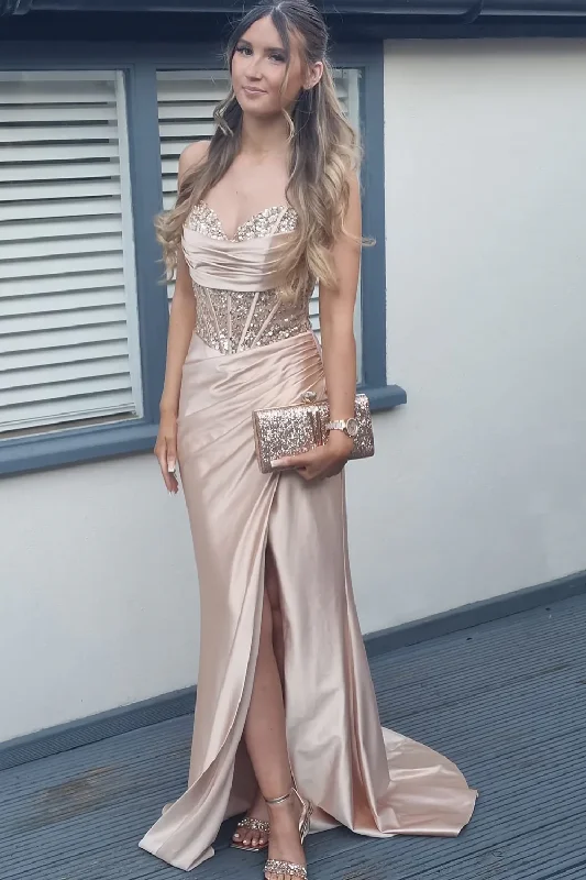 Chari |Sparkly Mermaid Spaghetti Straps Corset Beaded Satin Long Prom Dress with Slit
