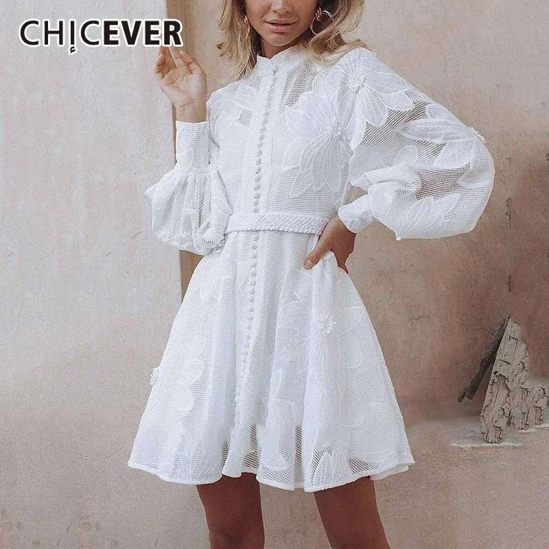 CHICEVER Classic Embroidery Flower Pattern Lantern Sleeve Stand Up Collar Dress