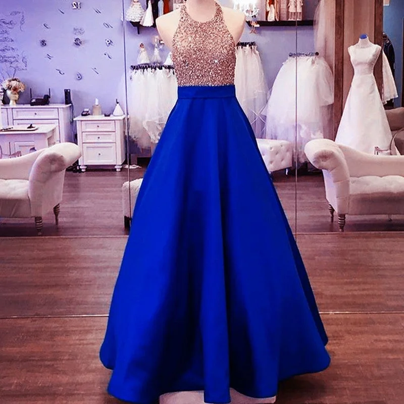Gold Beading Satin Prom Dresses Ball Gowns