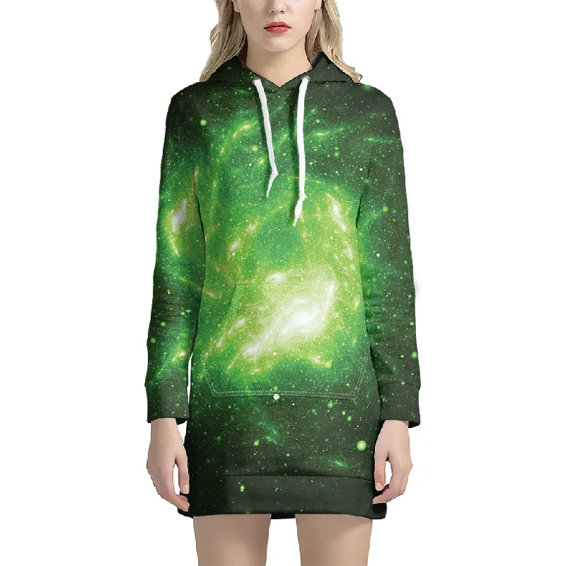 Green Sparkle Galaxy Print Pullover Hoodie Dress
