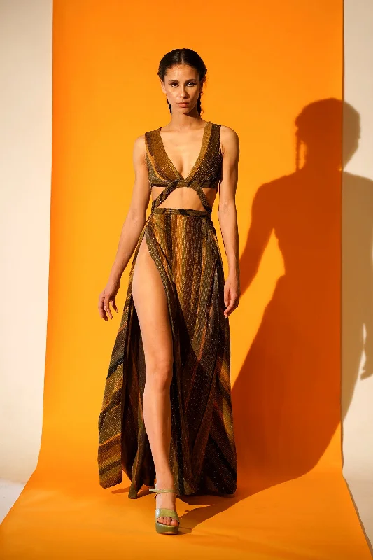 Green Stripe Print Cut-Out High Slit Dress