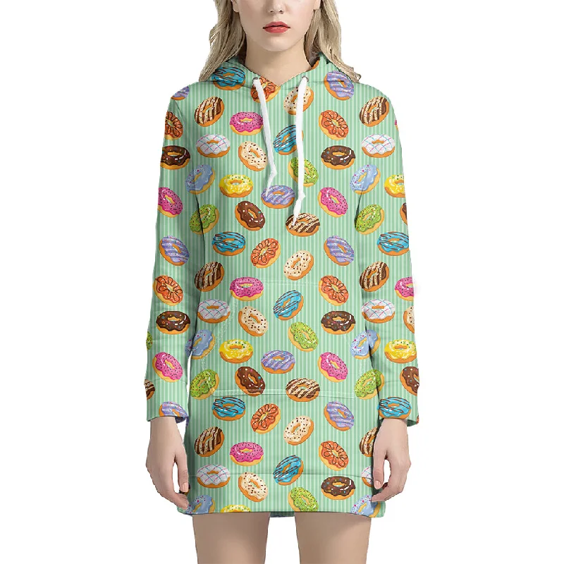 Green Striped Donut Pattern Print Pullover Hoodie Dress