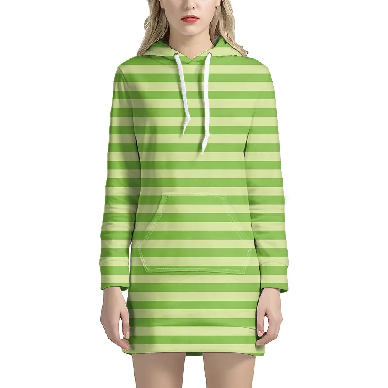 Green Striped Pattern Print Pullover Hoodie Dress