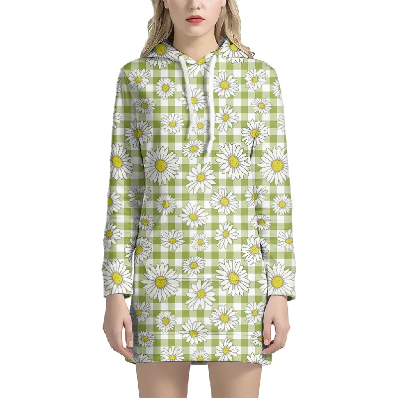 Green Tartan Daisy Pattern Print Pullover Hoodie Dress