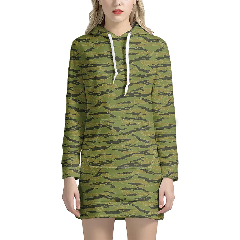 Green Tiger Stripe Camo Pattern Print Pullover Hoodie Dress