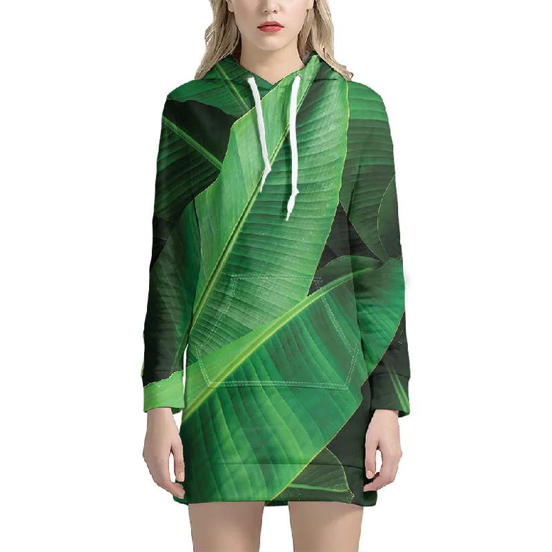 Green Tropical Banana Palm Leaf Print Pullover Hoodie Dress