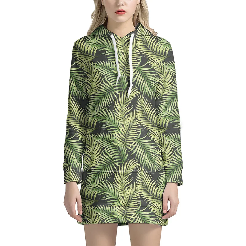 Green Tropical Palm Leaf Pattern Print Pullover Hoodie Dress