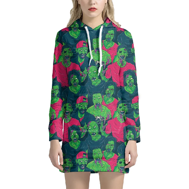 Green Walking Zombie Print Pullover Hoodie Dress