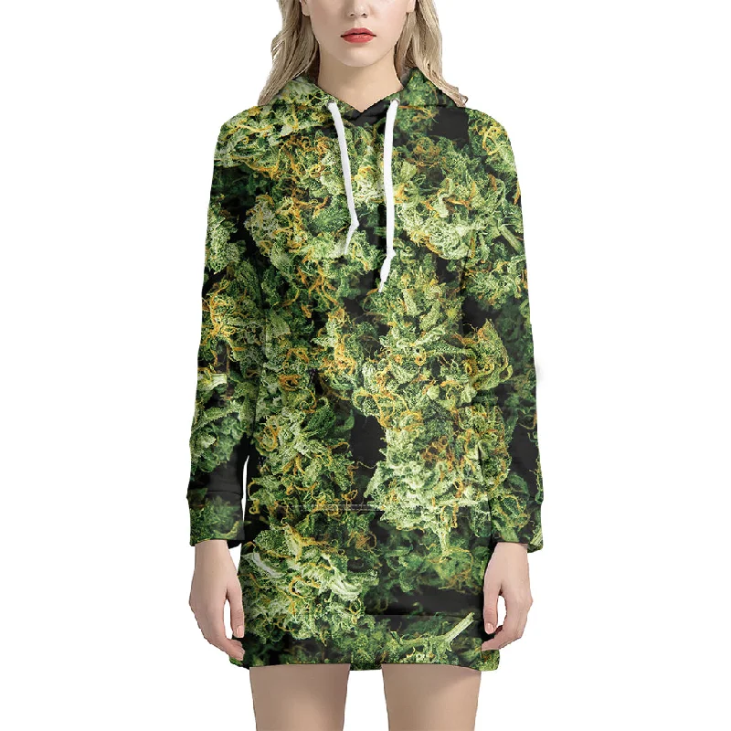 Green Weed Print Pullover Hoodie Dress