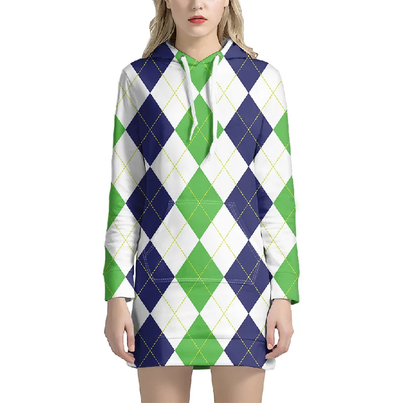 Green White And Navy Argyle Print Pullover Hoodie Dress