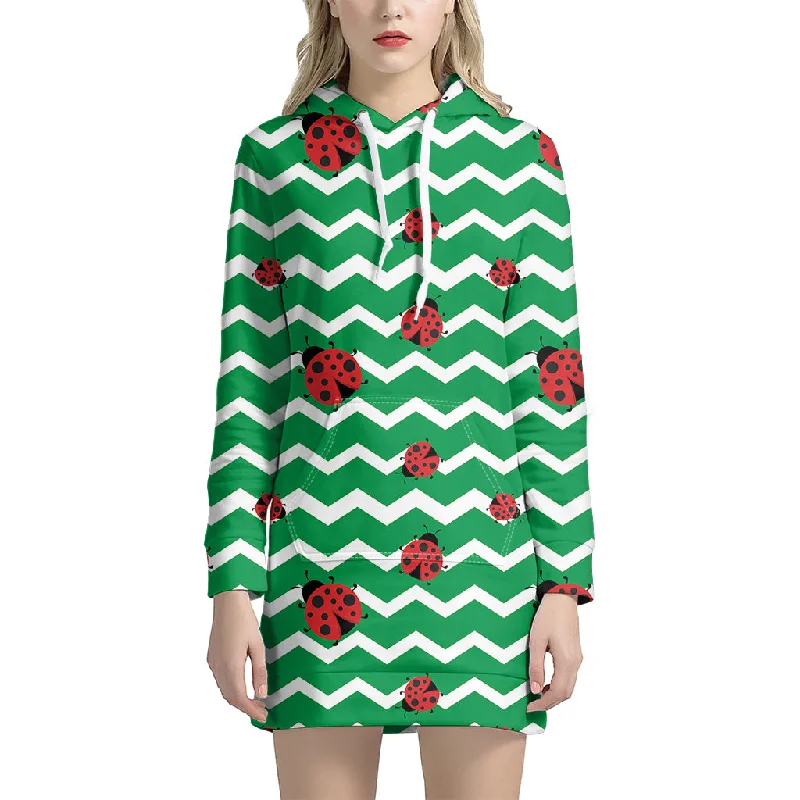 Green Zigzag Ladybird Pattern Print Pullover Hoodie Dress