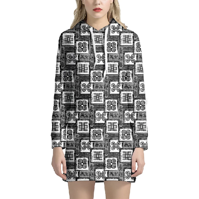 Grey African Adinkra Symbols Print Pullover Hoodie Dress