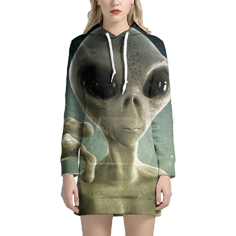Grey Alien 3D Print Pullover Hoodie Dress