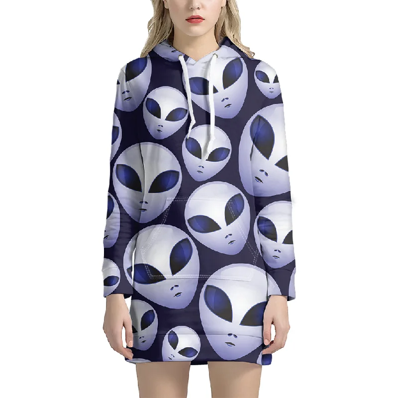 Grey Alien Face Pattern Print Pullover Hoodie Dress