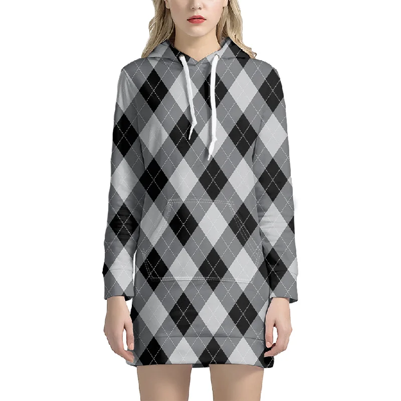 Grey And Black Argyle Pattern Print Pullover Hoodie Dress